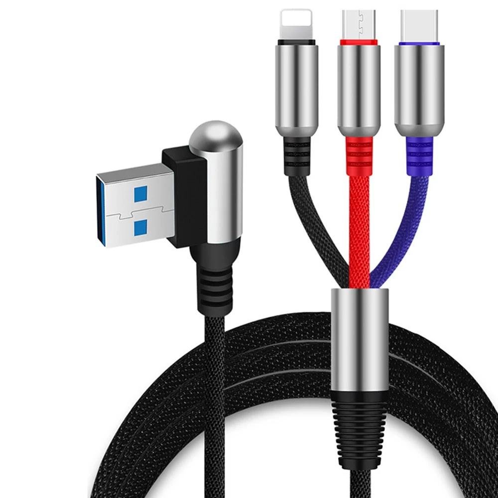 3-In-1 Charging Cable USB to Micro USB + Type C + Lightning Charging Cable Fast Charging