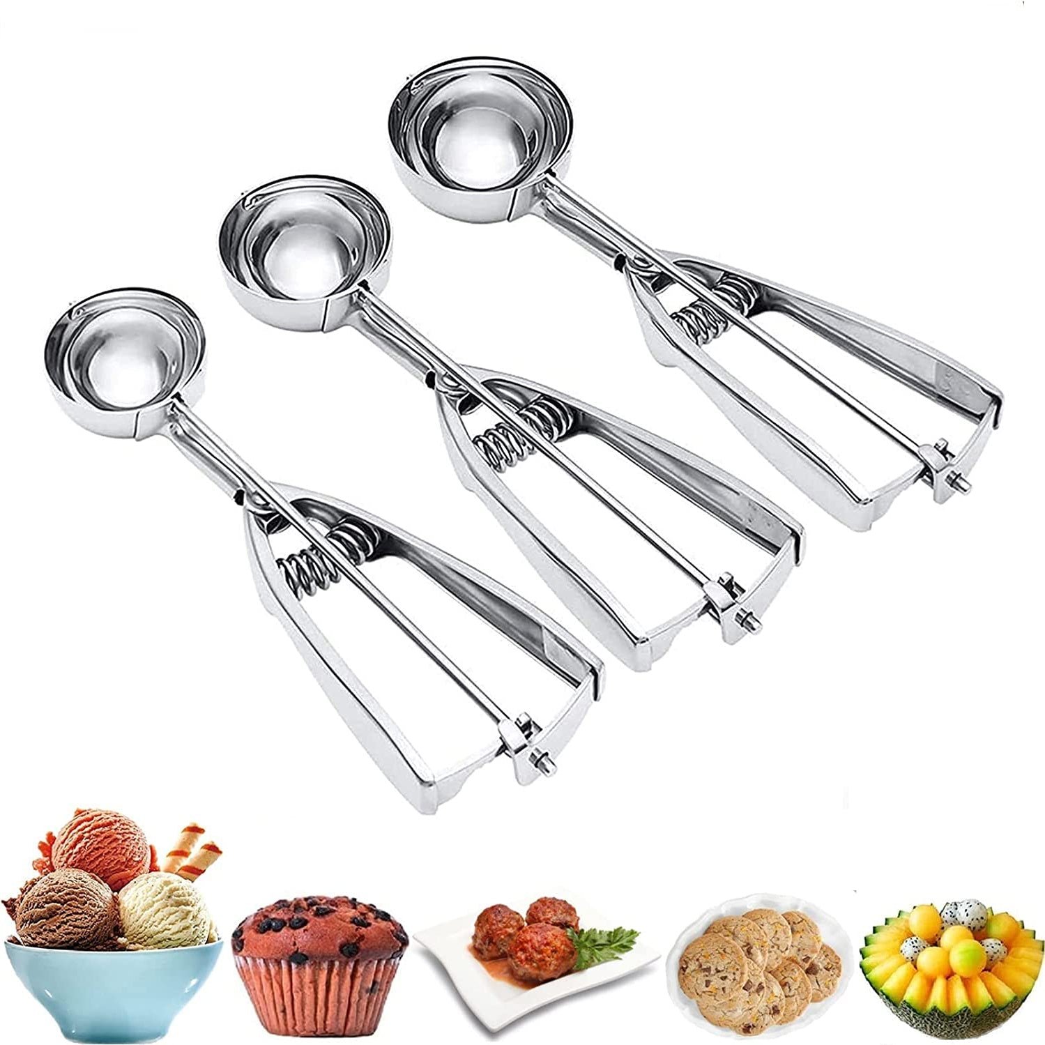 3-Pieces Set: Stainless Steel Cookie Scoops with Trigger Release