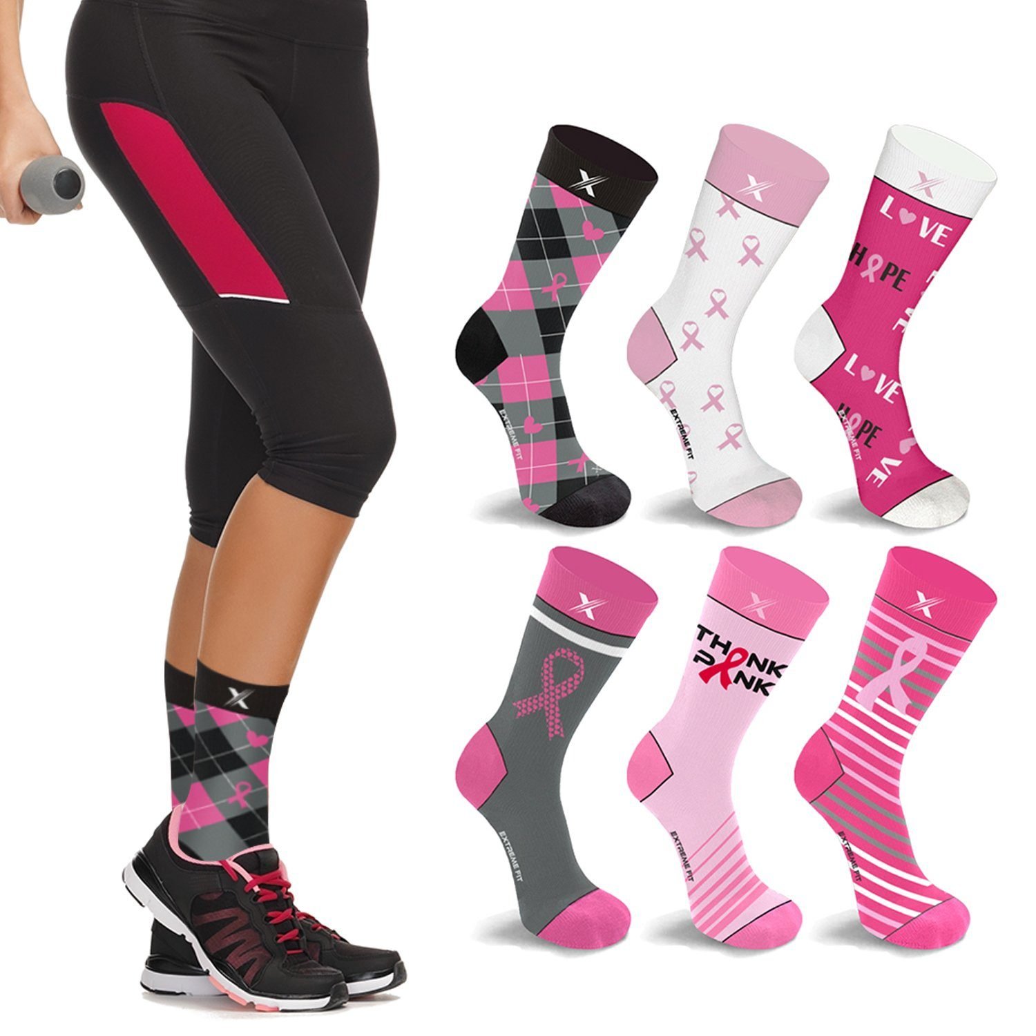 6-Pairs: Breast Cancer Awareness Crew Length Everyday Wear Compression Socks - Image 3