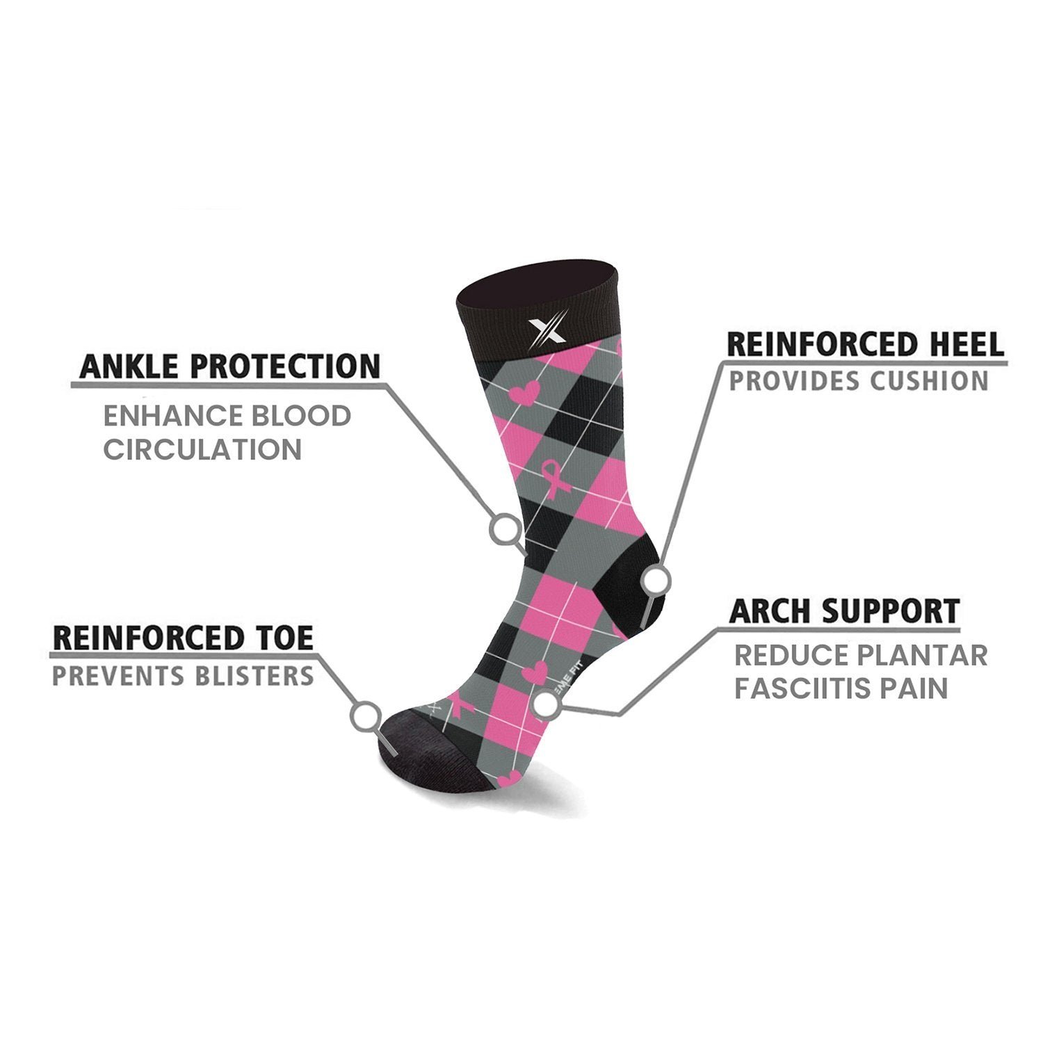 6-Pairs: Breast Cancer Awareness Crew Length Everyday Wear Compression Socks - Image 4