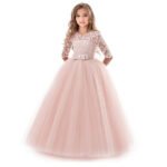 Girls' Floral Lace Solid Tulle Maxi Short Sleeve Vintage Gowns Dresses - Image 4