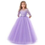 Girls' Floral Lace Solid Tulle Maxi Short Sleeve Vintage Gowns Dresses - Image 3