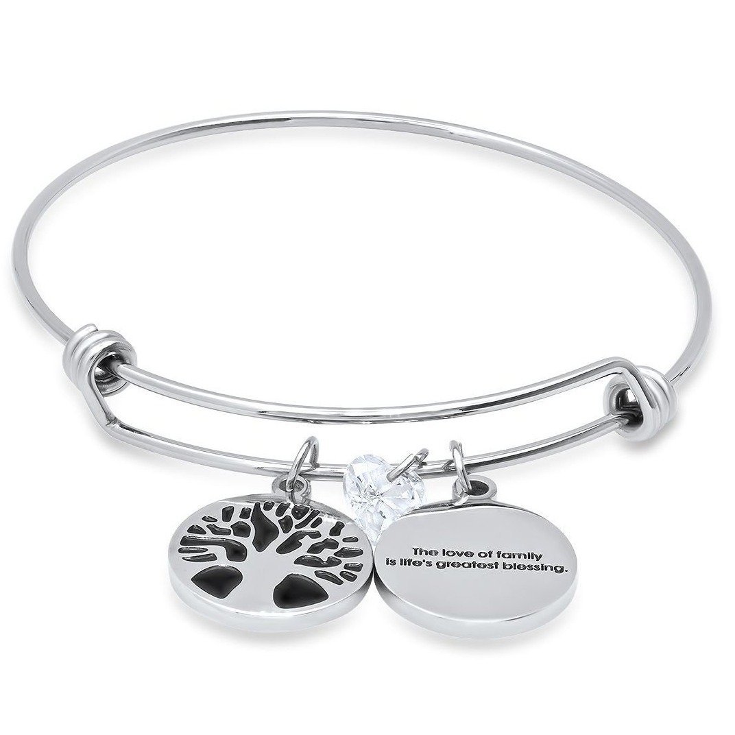 Ladies Stainless Steel The Love of Family, Tree of Life and Heart Shape Swarovski Crystal Bangle