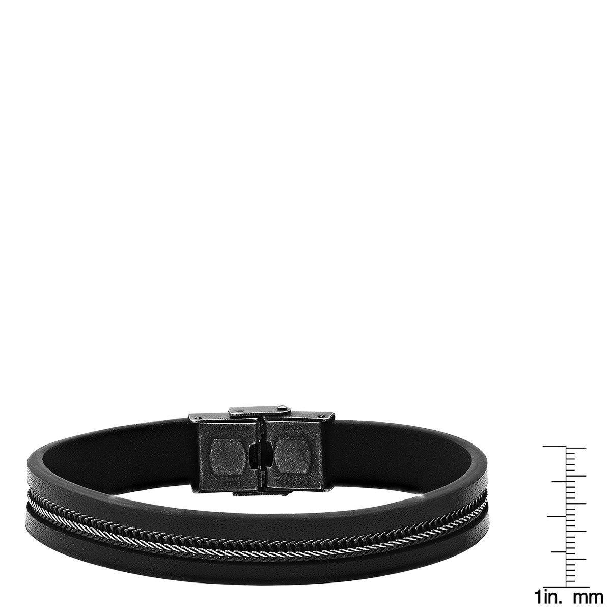 Men's Black Leather and Two Tone Black IP & Stainless Steel Inlay Wheat Chain Bracelet - Image 3