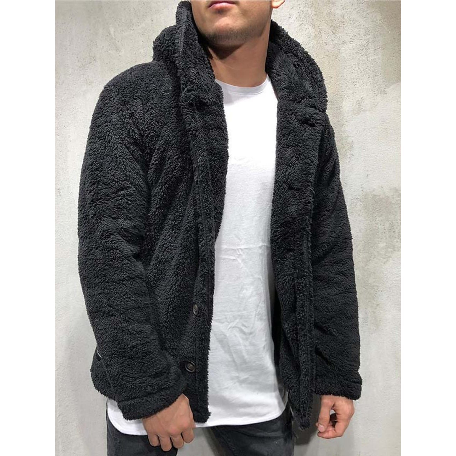 Men's Fuzzy Sherpa Hooded Solid Coat - Image 6