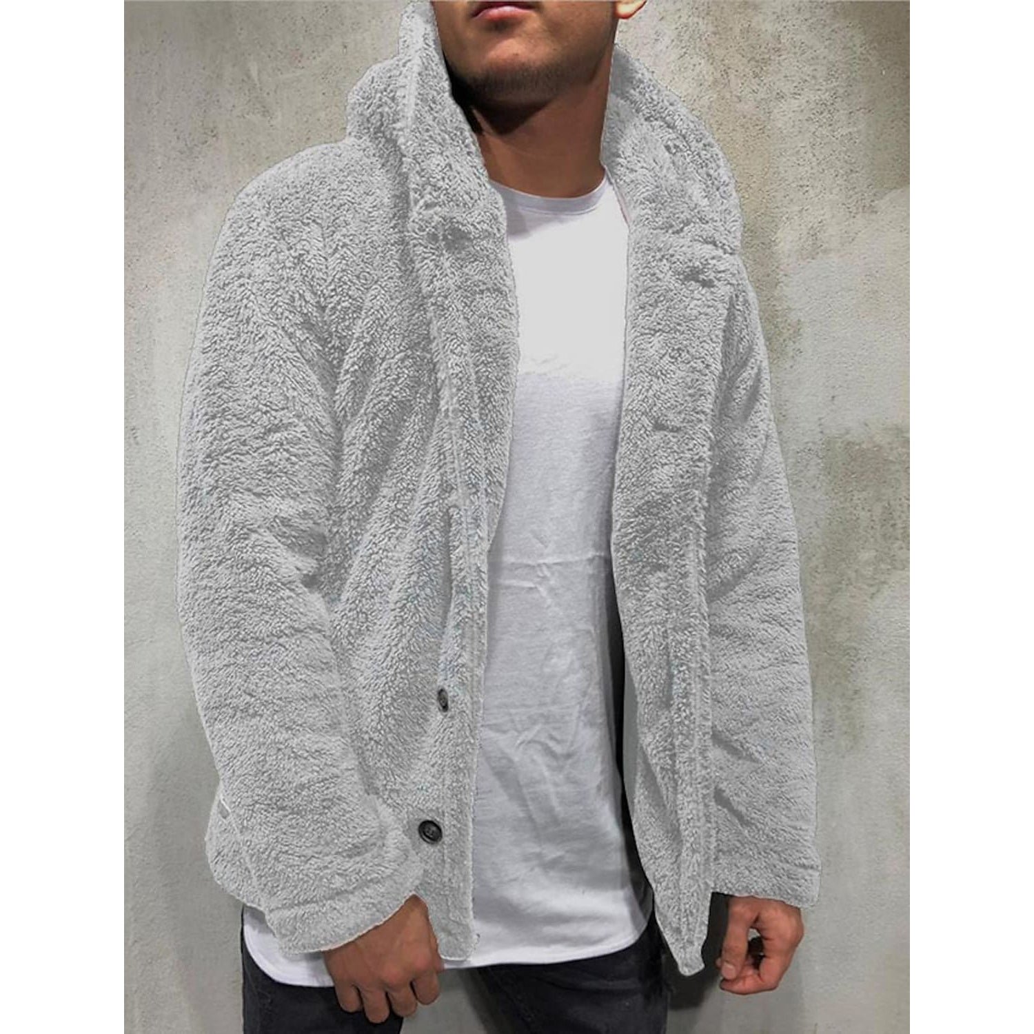 Men's Fuzzy Sherpa Hooded Solid Coat - Image 5