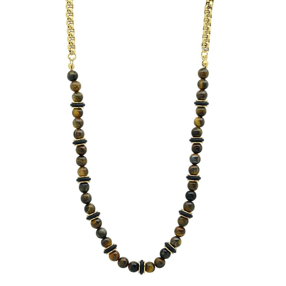 Men's Tiger Eye, Black Rubber and 18k Gold Plated Box Chain Necklace