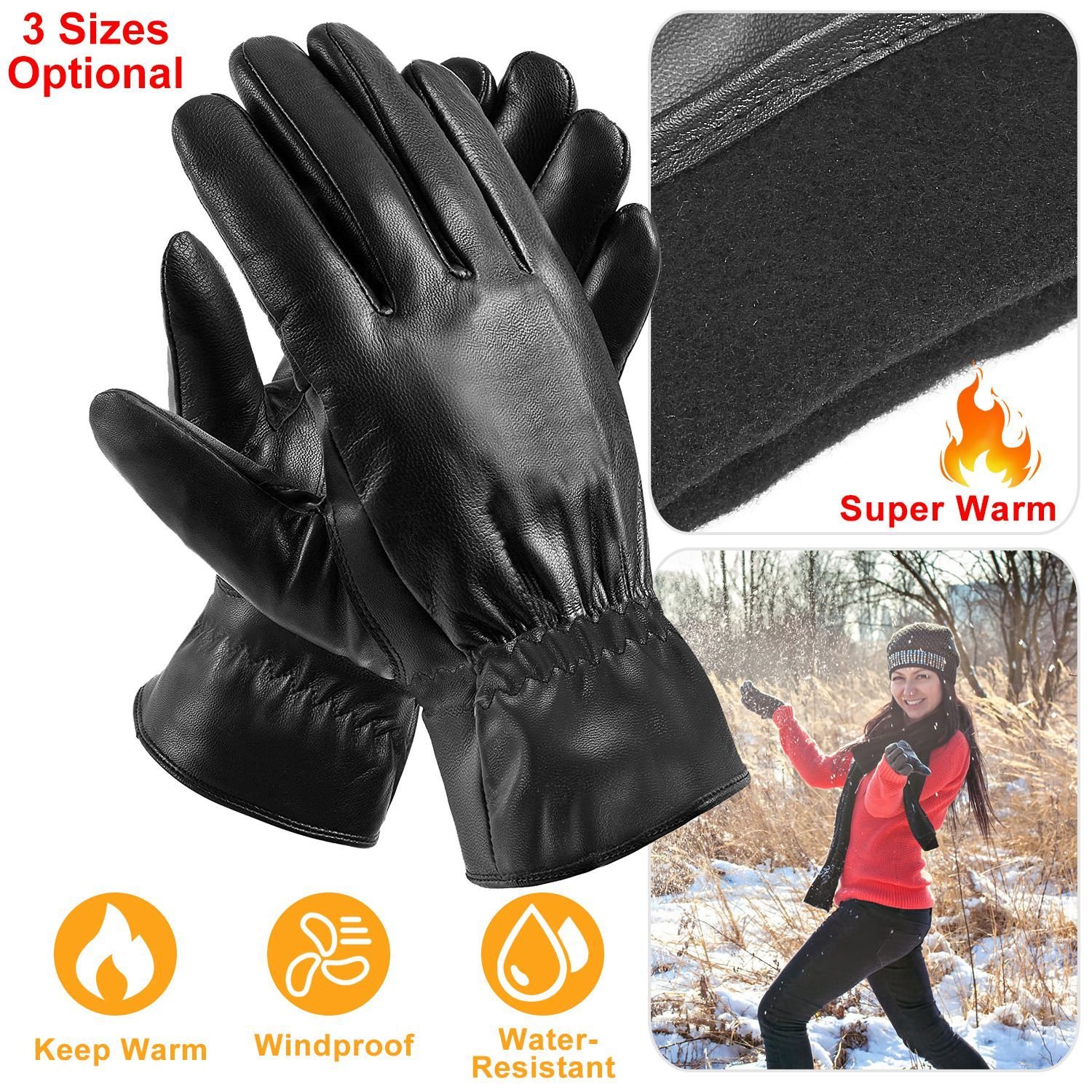 Unisex Leather Winter Warm Gloves - Image 6