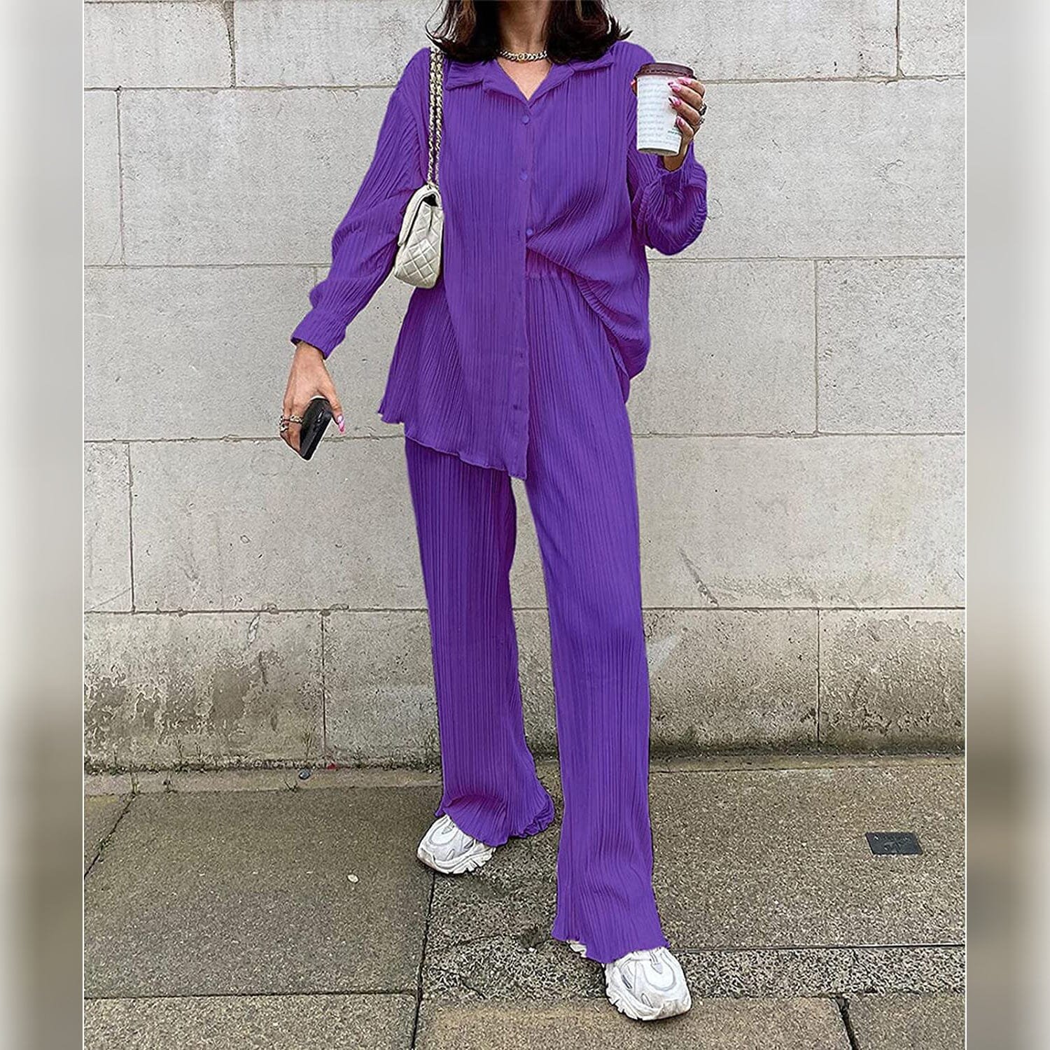 Women's Casual Long Sleeve Button Blouse Top Wide Leg Loose Streetwear Loungewear - Image 12