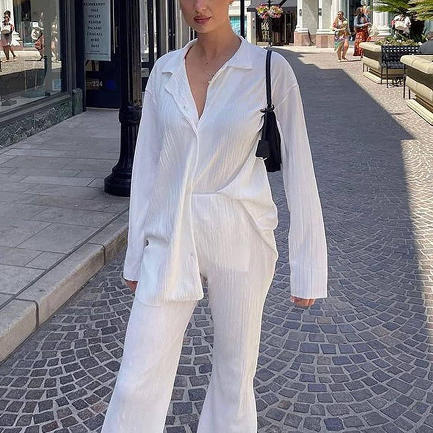 Women's Casual Long Sleeve Button Blouse Top Wide Leg Loose Streetwear Loungewear - Image 7