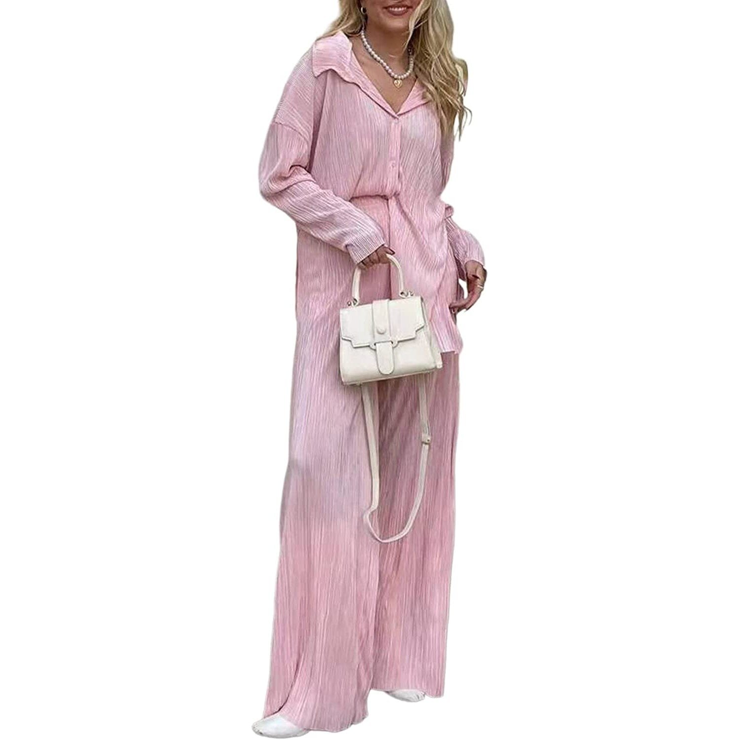 Women's Casual Long Sleeve Button Blouse Top Wide Leg Loose Streetwear Loungewear - Image 10