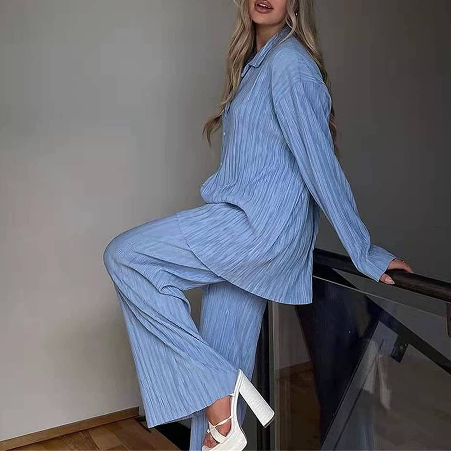 Women's Casual Long Sleeve Button Blouse Top Wide Leg Loose Streetwear Loungewear - Image 33