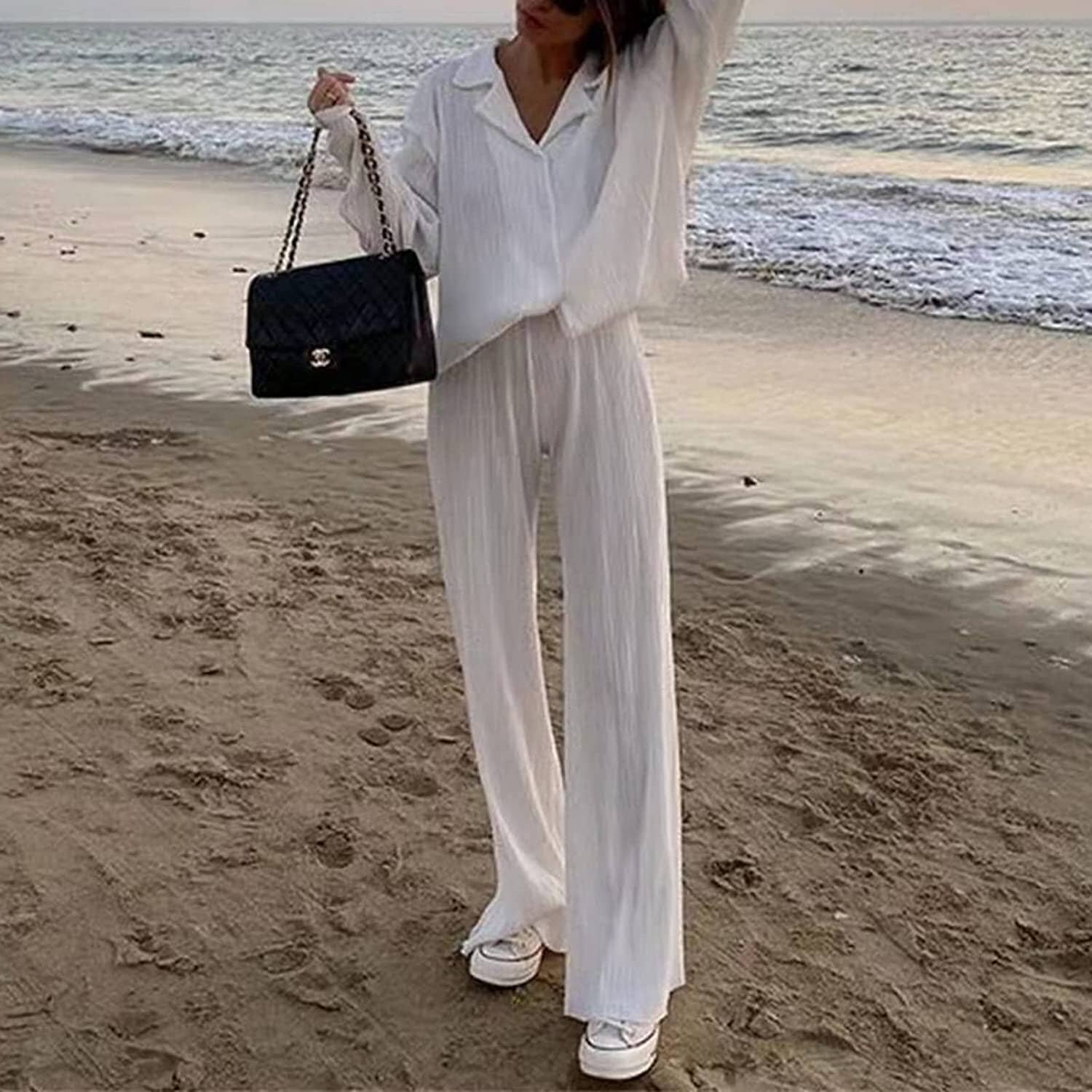 Women's Casual Long Sleeve Button Blouse Top Wide Leg Loose Streetwear Loungewear - Image 6