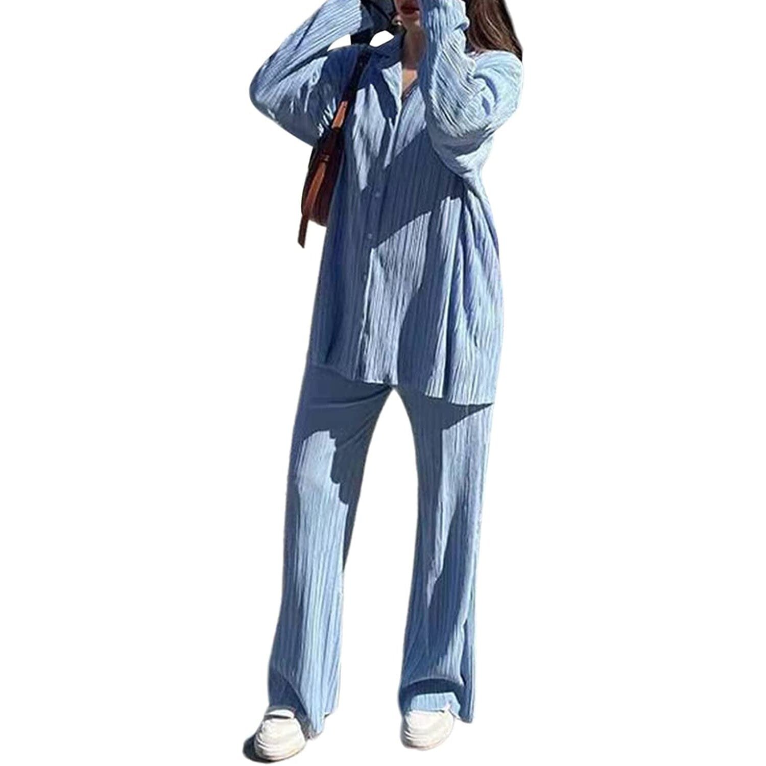 Women's Casual Long Sleeve Button Blouse Top Wide Leg Loose Streetwear Loungewear - Image 32