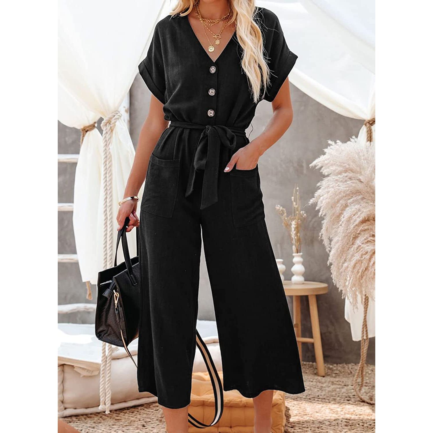 Women's Short Sleeve V Neck Button Belt Wide Leg Jumpsuit - Image 12