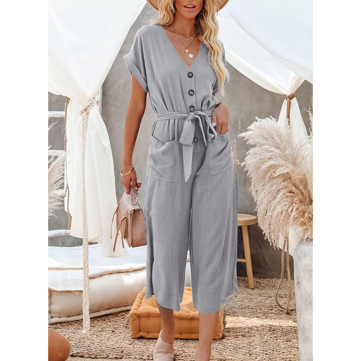 Women's Short Sleeve V Neck Button Belt Wide Leg Jumpsuit - Image 8