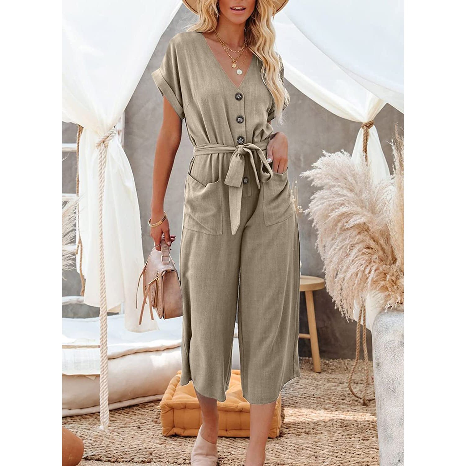 Women's Short Sleeve V Neck Button Belt Wide Leg Jumpsuit - Image 3