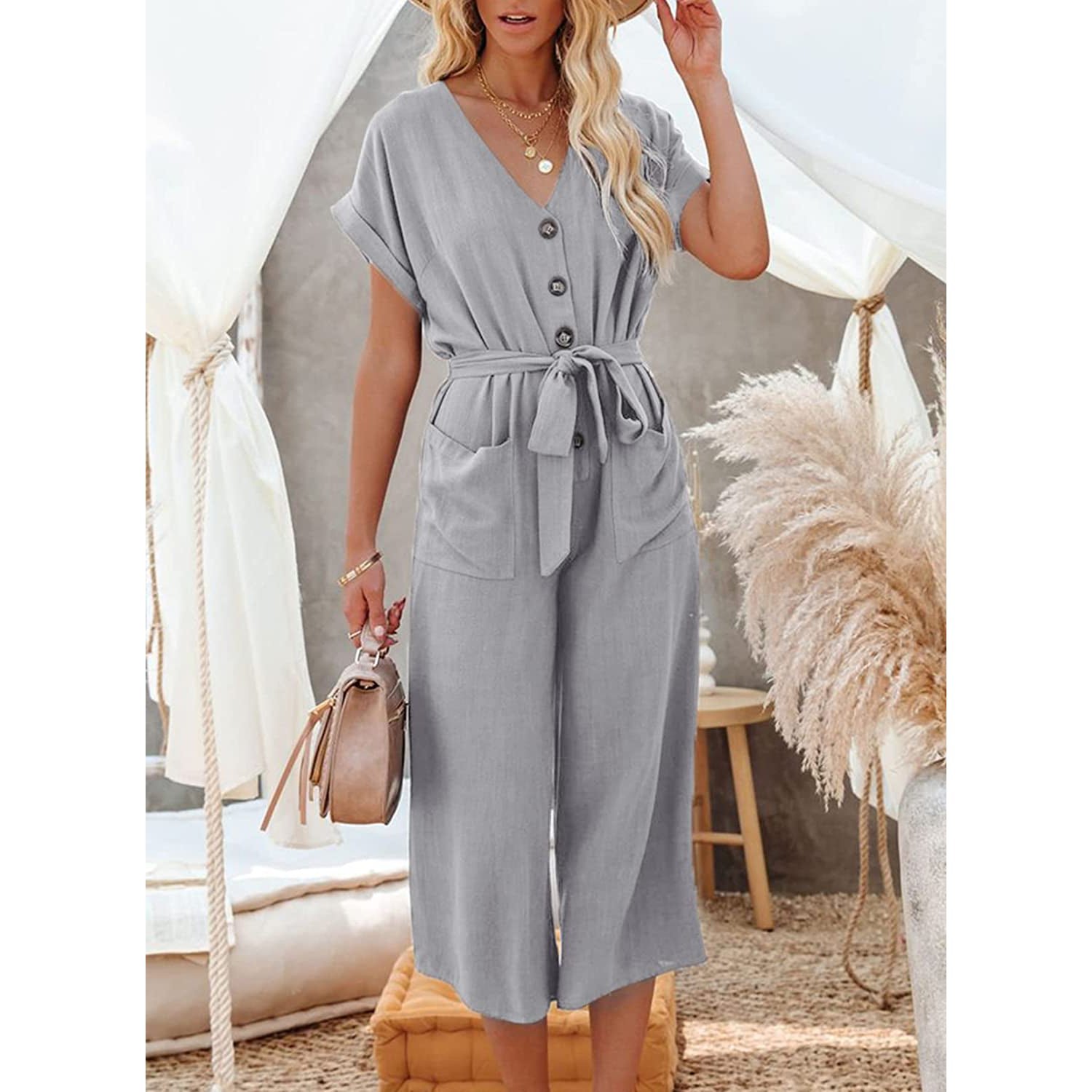 Women's Short Sleeve V Neck Button Belt Wide Leg Jumpsuit - Image 10