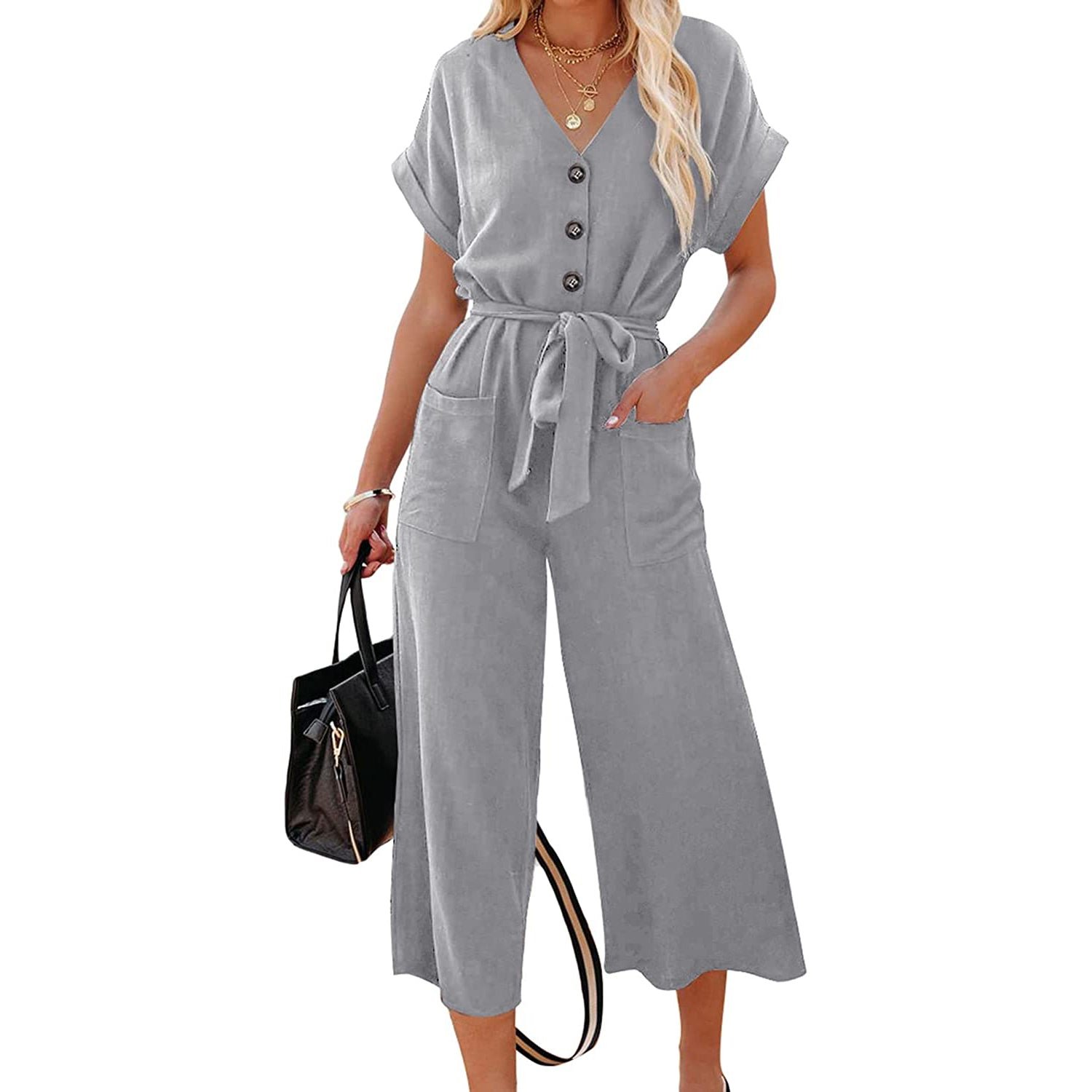 Women's Short Sleeve V Neck Button Belt Wide Leg Jumpsuit - Image 6