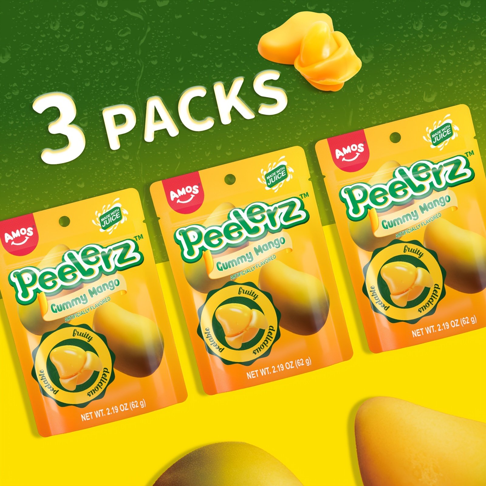 3/8pack, Amos 4D Gummy Peelable Candy, Mango & Orange Flavor Peelerz Gummy