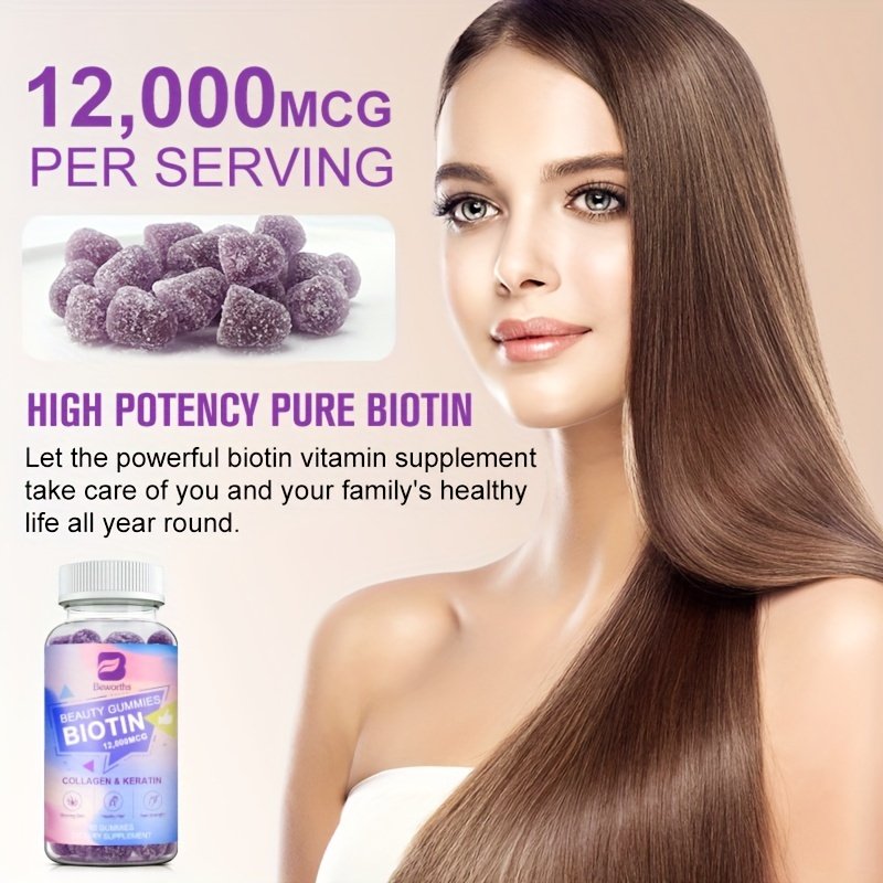 60-Capsule BEWORTHS Biotin Gummies - Ultimate Hair, Skin, and Nails Growth Formula with 12000mcg Biotin
