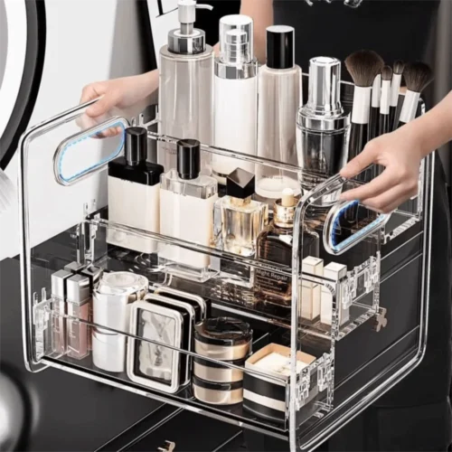 Transparent Cosmetic Storage Box Three-Tier Design Portable Compartment Clear Makeup Rack with Handle Slanted Storage Basket